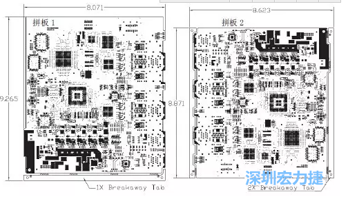 如圖7所示是使用不同數(shù)量邊條的拼板，拼板1僅使用了一個(gè)邊條，直接利用PCB另一邊作為SMT工藝傳送邊，并且PCB圖形中有合適的安裝孔；而拼板2則是按常規(guī)設(shè)計(jì)了兩個(gè)邊條。拼板方式為連接筋。圖中“Breakaway Tab”指邊條-深圳宏力捷