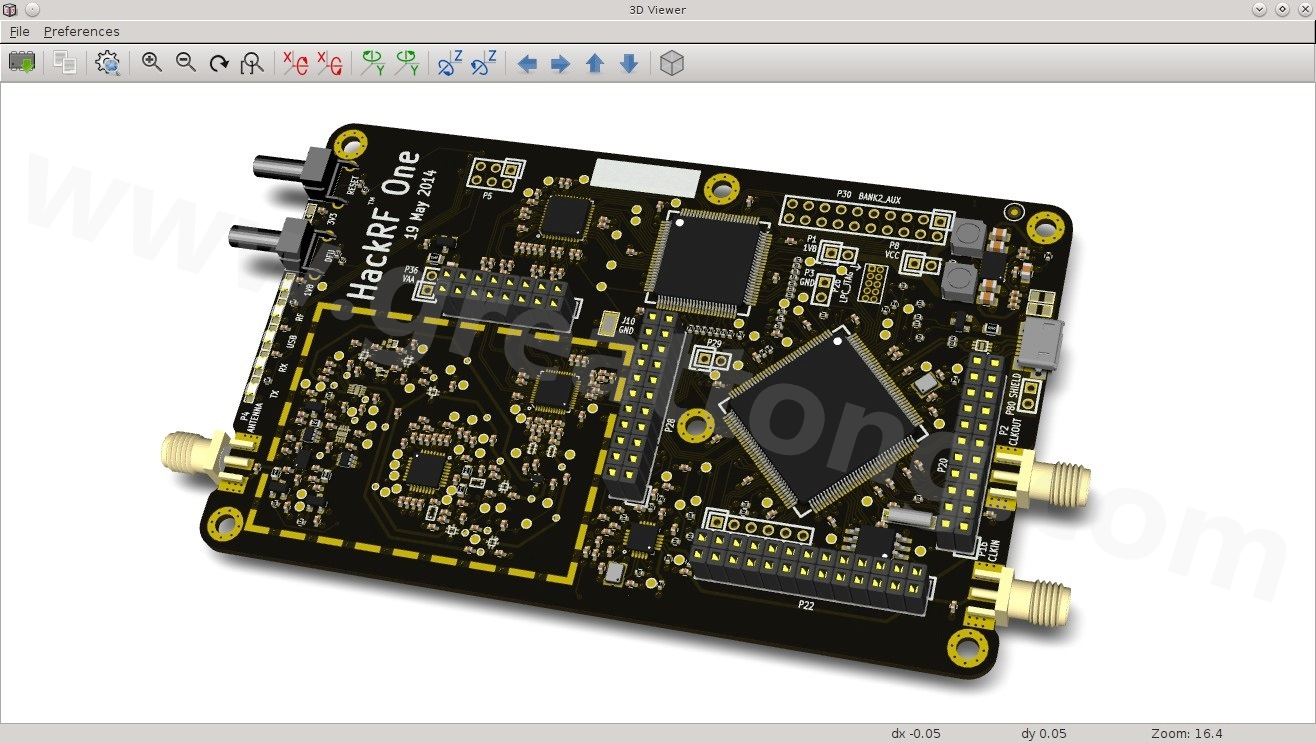 經(jīng)KiCad軟體3D功能渲染過的HackRF One電路板。